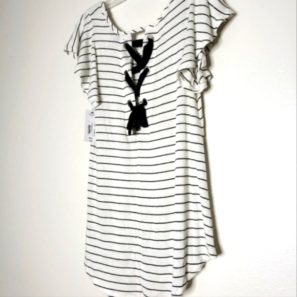 A.N.A. Ivory Cream Black Striped Lace Ties Back Top Tunic Comfy Blouse Summer - Picture 1 of 12